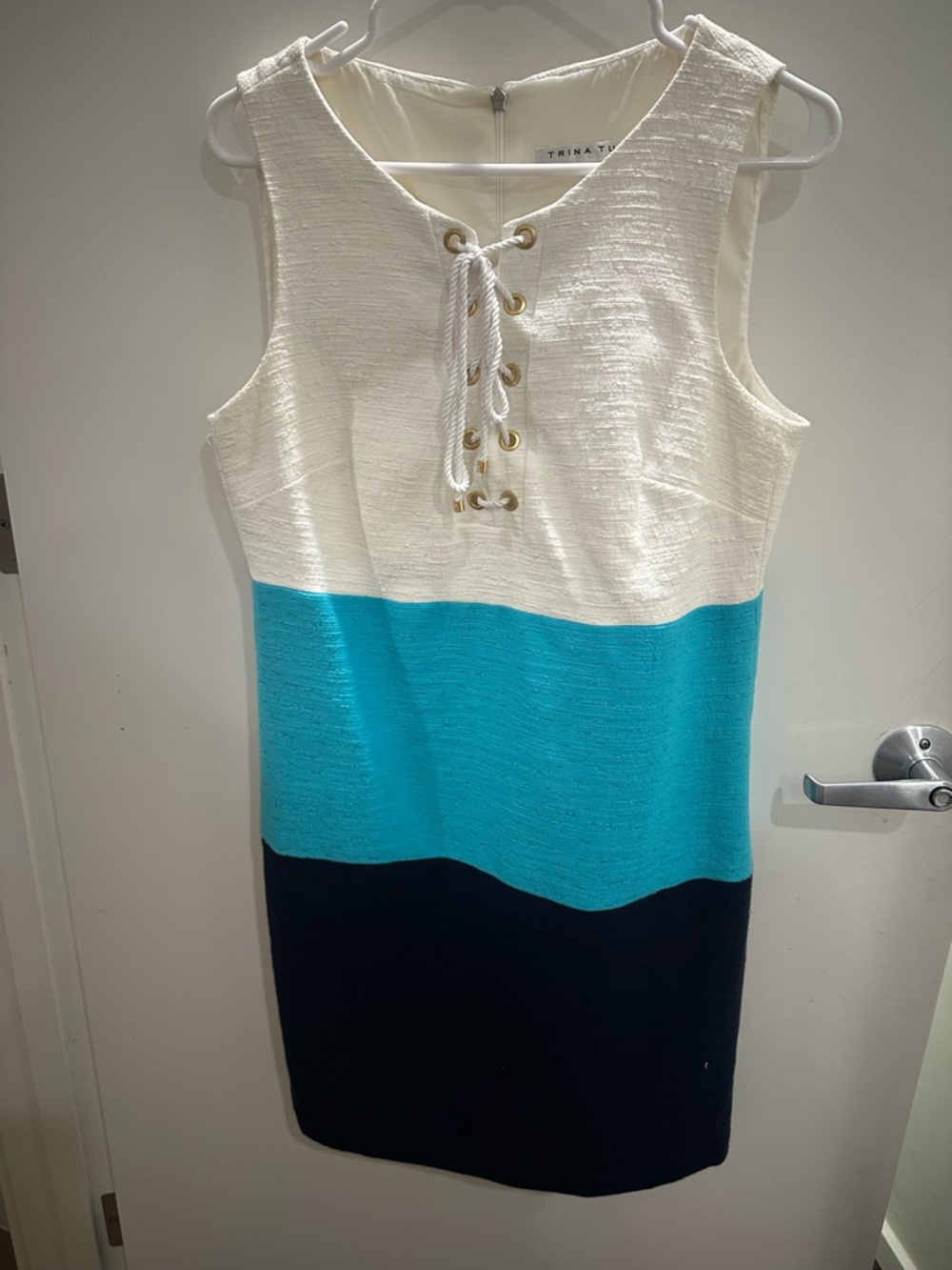 Trina Turk Lace-Up Colorblock Mini Dress in White, Turquoise & Navy